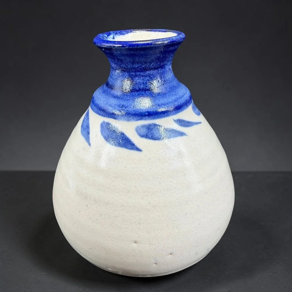 Hagist Studio Pottery Bud Vase Blue White Stoneware Signed 4.5in Small Vessel